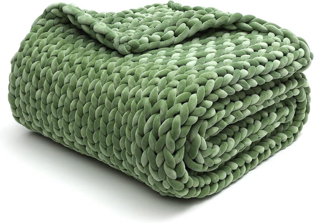 YnM Velvet Knitted Weighted Blanket, Hand Made Chunky Knit Weighted Throw for Sleep, Stress or Home Dcor, Rest and Relax in Style Weighted Blankets (Avocado Green, 50''x60'' 10lbs)