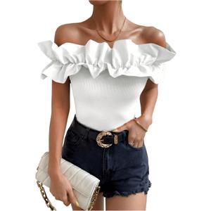 OYOANGLE Women's Ruffle Trim Off Shoulder Short Sleeve Blouse Party Tops Shirt (Medium)