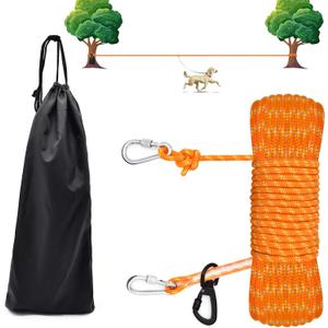 Dog Tie Out Cable for Camping, 50ft Reflective Overhead Trolley System for Dogs up to 300lbs, Portable Dog Hitching Lead, Dogs Runner for Yard Camping Training Running Hiking Outdoor (Orange)