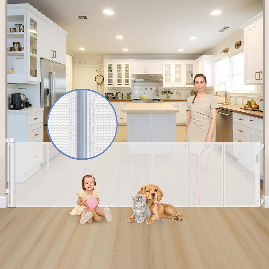 Reinforced 120 Inch Extra Wide Retractable Baby Gates Extra Wide Baby Gates for Large Openings 33 Inch Tall Retractable Dog Gate for The House 10ft Long Dog Gate Indoor Barrier with Reinforced Strips (White)