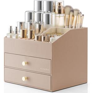 VLANDO Makeup Organizer for Vanity,Large Capacity Countertop Organizer with Drawers, PU Leather Cosmetic Display Case for Lipstick,Brushes,Skincare,Bedroom Storage (Toffee)