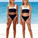 Kids4ever Girls Swimsuits Two Piece Color Block Teen Bathing Suits with Adjustable Straps Bikini Sets Size 9-16Y (9-10 Years, Black)