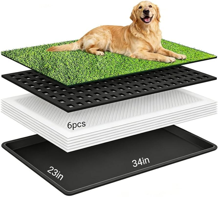 Dog Grass Pee Pad with Tray - Fake Turf Grass Non-Shedding, Odor Resistant Easy Clean, Eco-Reusable Indoor/Outdoor Puppy Potty 34x23inches