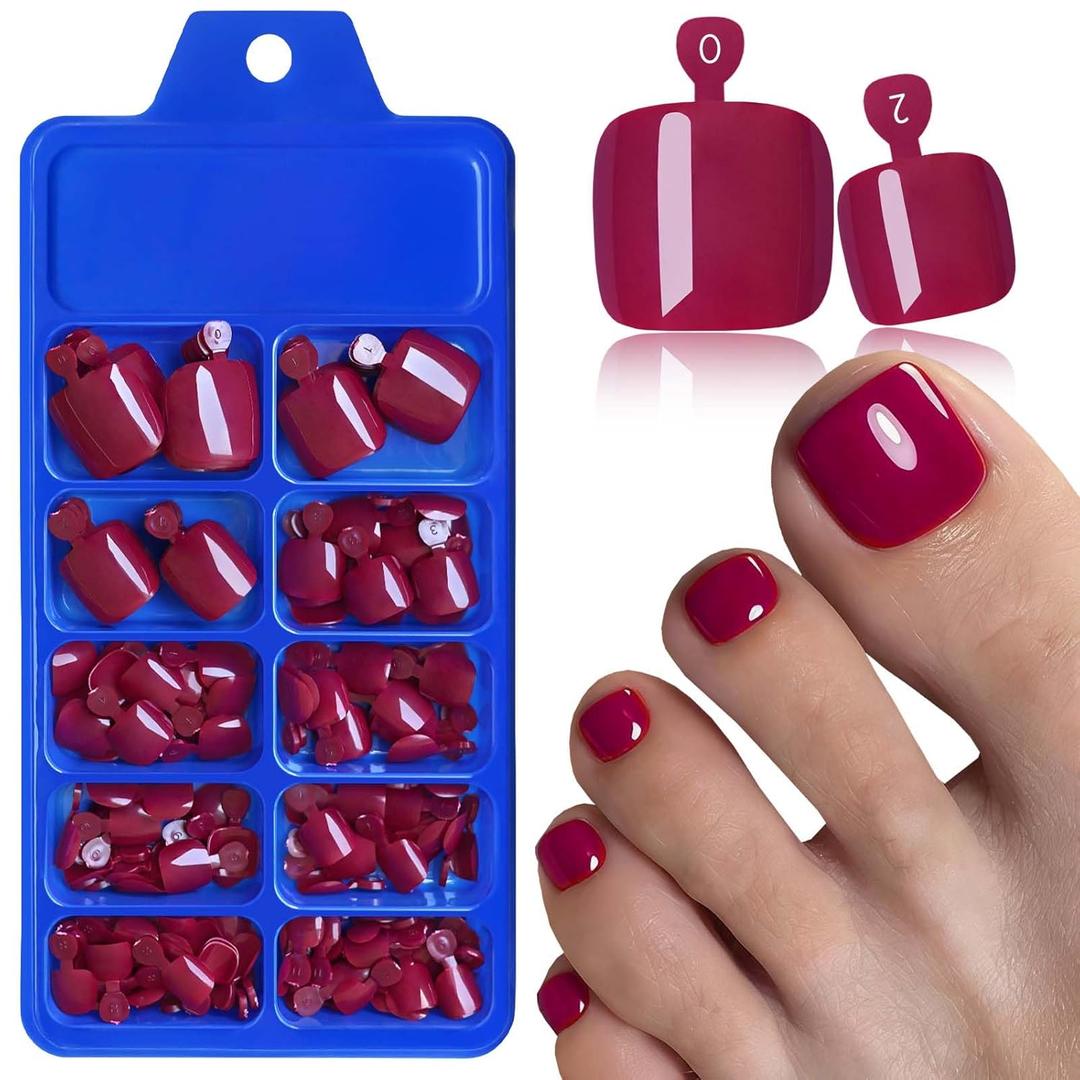 144pc Dark Red Press on Toenails Women Toe Nail Press ons, Red Toe Press on Nails Fake Toenails Square Fake Toes Nails Tips Glue on Toenail False Nail Feet Stick Acrylic Toes Nail Kit with Glue Tab