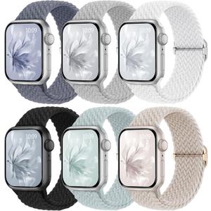 6 Pack Braided Stretchy Bands Compatible with Apple Watch Band 38mm 40mm 41mm  Women Men, Adjustable Nylon Solo Loop Elastic Straps for iWatch Series 11 10 9 8 7 6 5 4 SE Ultra (Black/White/Starlight/Titan Gray/Blue Gray/Succulent)