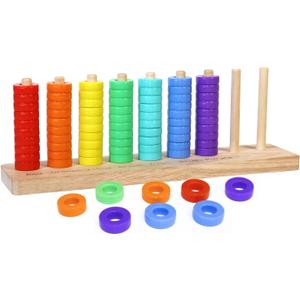 Color Sorting Stacking Game Toys, 7 Colors Ring Stack Challenge Puzzle Game, Wooden Rings Color Matching & Stacking Toys for Kids, Competitive Tabletop Game for Family Night, Gifts for Boys and Girls