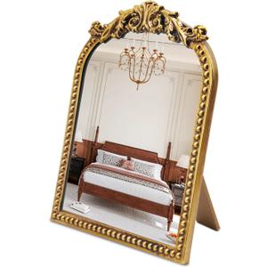 Vintage Makeup Mirror with Stand : 12.1"x9.8" Arched Antique Gold Vanity Mirror for Dresser - Baroque Standing Tabletop Ornate Decor for Desk/Living Room/Bedroom