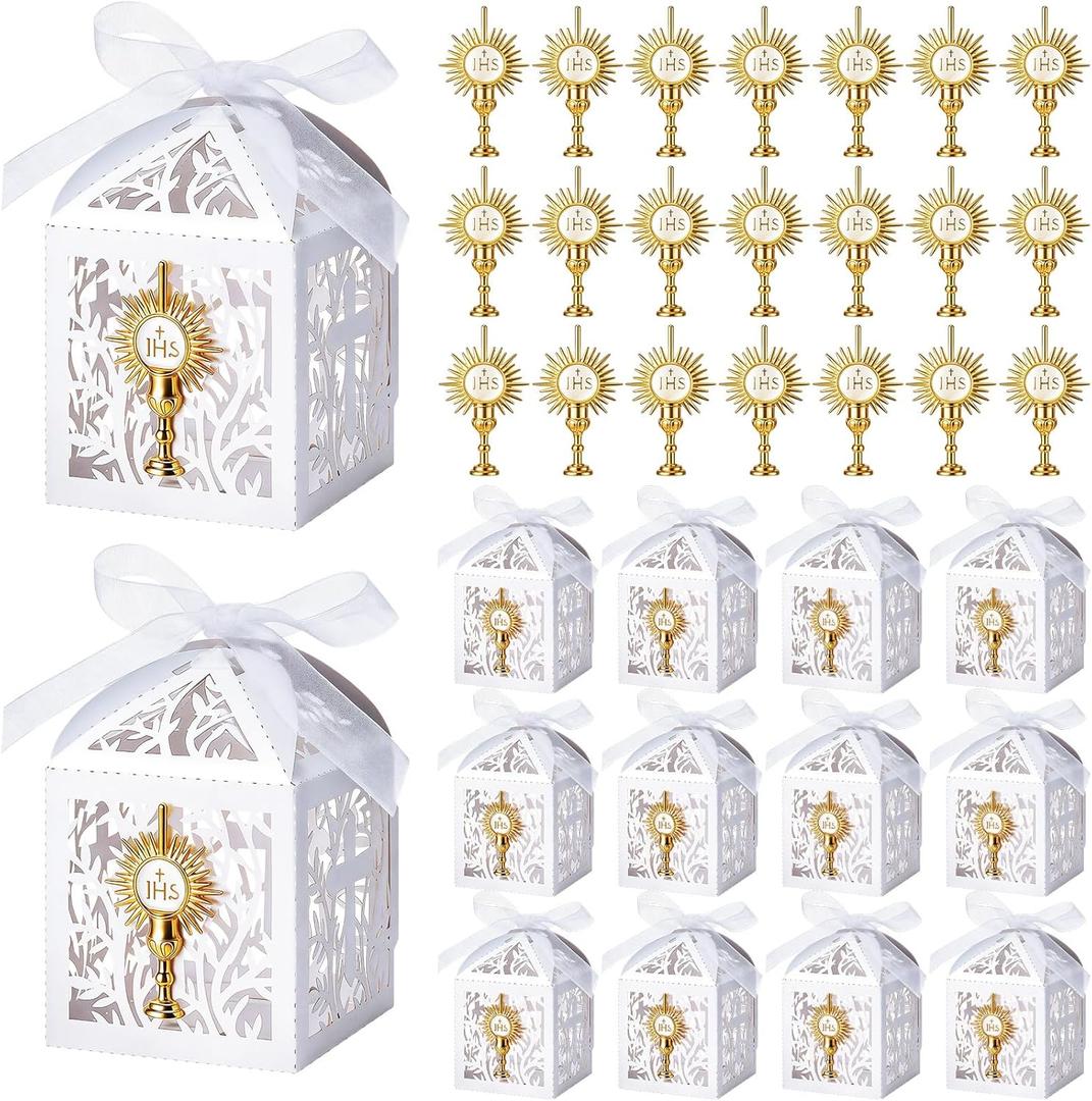 Lewtemi 25 Sets First Communion Favors Baptism Favors Boxes Include Alloy Chalice Charms and White Pearl Paper Favor Boxes for First Communion Baby Showers Church Religious Celebrations Decor Supply