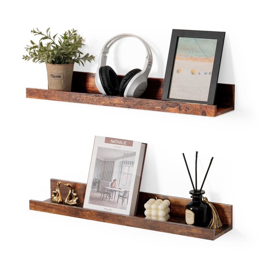Muzilife 24" Wood Floating Shelves Wall Shelf with Lip, 2Pcs, Brown