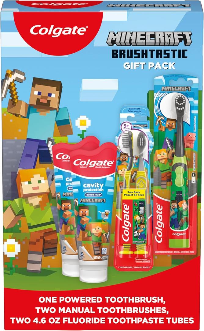Colgate Kids Minecraft Toothbrush and Kids Toothpaste Gift Set, Includes Minecraft-Themed Battery Toothbrush, 2 Bubblegum Flavored Fluoride Toothpastes, and 2 Manual Toothbrushes