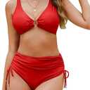 Womens High Waisted Bikini Sets O Ring Drawstring Tummy Control Swimsuits Two Piece Swim Bathing Suit (Medium, Red)
