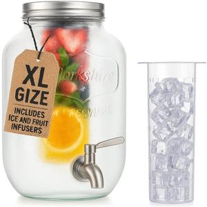 2 Gallon Extra Large Iced Beverage Dispenser with Ice & Fruit Infusers  Glass Mason Jar Drink & Beverage Container with Stainless Spigot