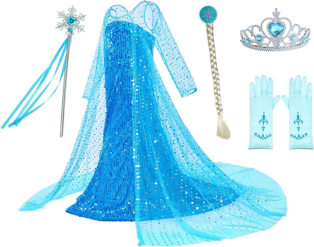 Luxury Princess Dress Costumes with Shining Long Cape Girls Birthday Party (3-4 Years, Blue-1)