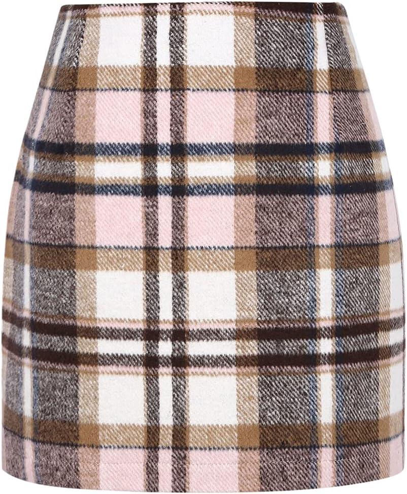 IDEALSANXUN Womens High Waist Plaid Skirt Bodycon Pencil Wool Mini Skirts (Pink) M