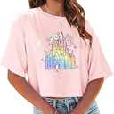 Magical Crop Top Women's Multicolor Cute Castle Graphic Tee Magic Kingdom Vacation Tshirt Casual Summer Shirt (Medium, Pink)