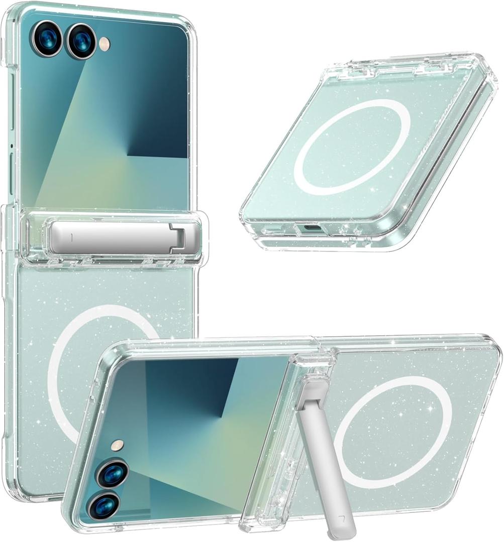 KJSK for Samsung Galaxy Z Flip 7 Case,Built-in Kickstand with Magsafe Slim Shockproof Matte Protection,Anti Yellowing,Built-in Hinge Protection,Clear Bling