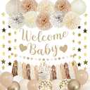 Amandir Baby Shower Decorations Neutral Beige Balloons Welcome Baby Banner, Cake Topper, Paper Lanterns, Pom Poms Flowers Tassels, Circle Dots Star Garland, Gender Reveal Boho Birthday Party Supplies