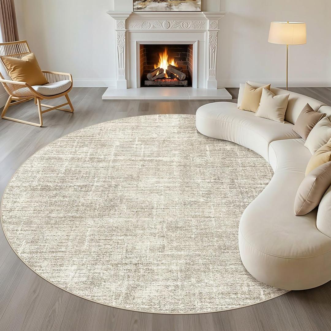 10ft Round Rug Living Room: 10x10 Washable Large Neutral Brown Circle Area Rug Abstract Soft Modern Stain Resistant Indoor Floor Non-Slip Carpet for Bedroom Nursery Kids Office Playroom Dining Room