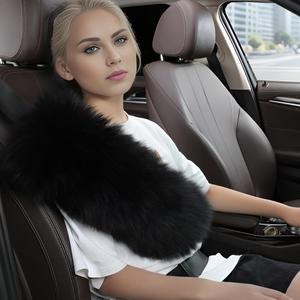 13.4inchs Plush Long Wool Sheepskin Seat Belt Cover, Fluffy Seatbelt Cover Pad for Pacemaker Adults Women Universal Car, Black