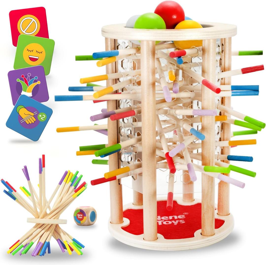 Nene Toys BALLFALL Jumbo Montessori Wooden Board Game for Kids 3 4 5 6 Years Colorful Sticks, Dice & Cards Fine Motor Skills Toy, Math & Counting Game Educational Gift for Boys Girls Ages 3-9