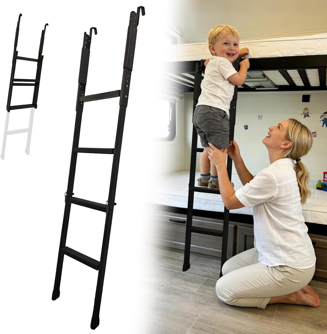 52"-64" Height Adjustable Bunk Bed Ladder, Foldable RV Bunk Ladder with 4 Wider Anti-Slip Steps, Bunk Bed Stairs Only for Dorm, Loft Bed, Camper, Trailer, Bunkhouse, Ladder for Bunk Bed Load 350 LBS