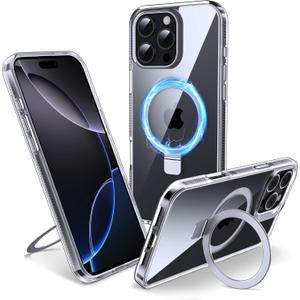 Magnetic Case for iPhone 16 Pro Max - [Built-in Invisible Stand] [Compatible with MagSafe] [Military Grade Drop Protection] Anti-Yellowing Hard Back Silicone Edge Cover, 6.9", Clear Black