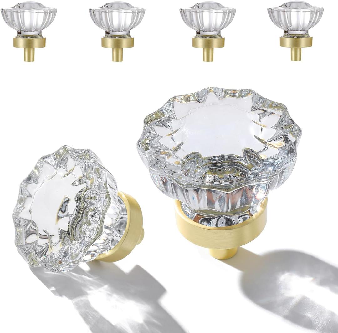 Crystal Knobs for Drawers Brushed Gold Glass Knob, Vintage Cabinet Antique Pulls for Drawer Closet Dresser Cupboard, 1.5 Inch Satin Brass Base Decorative Cabinets Knobs 4 Set