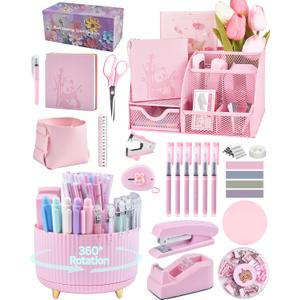 Pink Desk Accessories and Organizers with Desk Organizer and 360Rotating Pen Holder stapler Pen and a Lot of Office Pink Office Supplies Beautifully Presented in a Gift Box