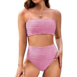 Pink Queen Women High Waisted Bikini Set 2026 Removable Strap Textured Two Piece Swimsuits Bathing Suits, M Pink