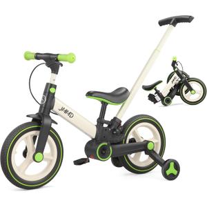 JMMD 6 in 1 Toddler Bike with Push Handle for Kids 18-60 Months, 12" Foldable Balance Bike with Training Wheels, Pedals, Brakes, Kickstand, Push Tricycle Toddler Gift & Toys for Boy & Girl