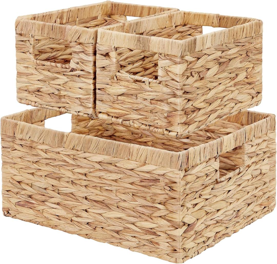Vagusicc Wicker Basket, Set of 3 Hand-woven Storage Baskets for Organizing, Water Hyacinth Wicker Storage Basket Bins with Handles, Small Toilet Paper Storage Baskets for Shelves Pantry Baskets