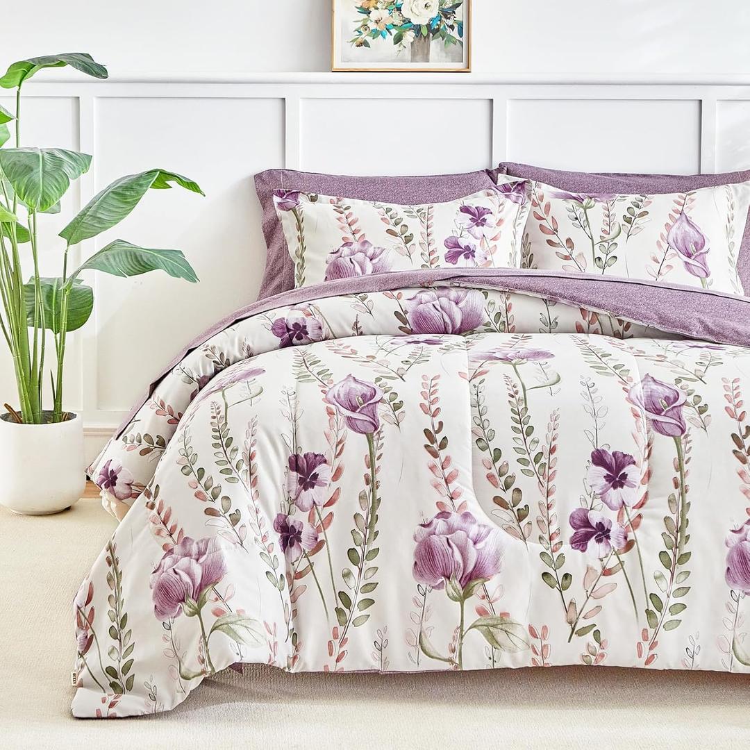 AIKASY Bed in a Bag 7-Piece King Comforter Set - Soft Microfiber Bedding with Elegant Floral, Lightweight and Breathable for All-Season (Regal Purple)