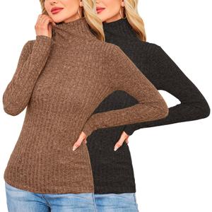 2 Pack Womens Long Sleeve Turtleneck Shirts Basic Fall Thermal Lightweight Pullover Tops Trendy Comfy Undershirts (Medium, Black, Coffee)