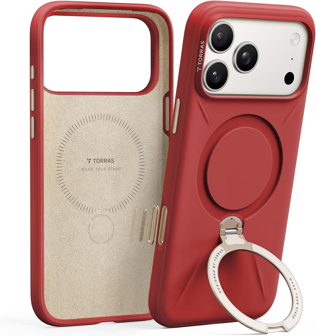 TORRAS Q3 Silicone 360 Spin for iPhone 17 Pro Case with Stand, Fit for MagSafe, Magnetic Ring Kickstand with Camera Control, Liquid Silicone Rubber Soft Phone Case for iPhone 17 Pro 6.3'', Red