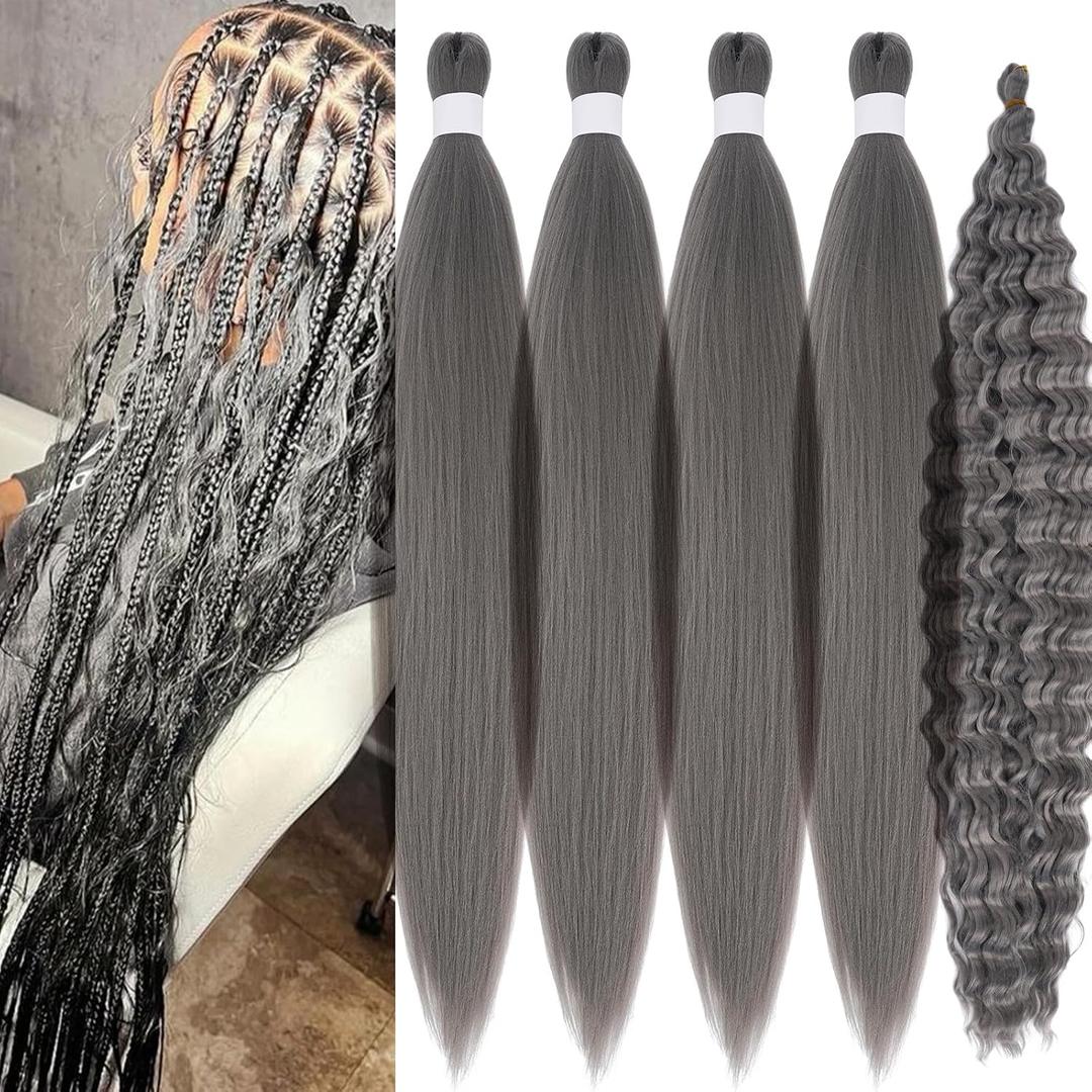 Gray Braiding Hair Pre Stretched With Boho Hair For Braiding, Synthetic Grey Wavy Boho Braiding Hair For Curly Crochet Hair, Knotless Bohomian Curly Braiding Hair Extensions For Boho Braids