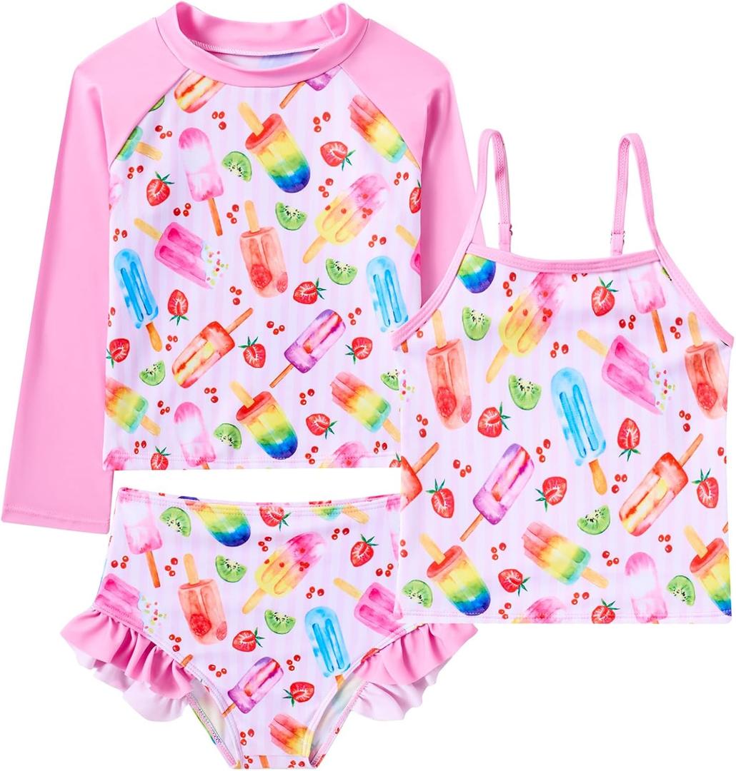 swimsobo Girls 3-Piece Swimsuit Long Sleeve Rash Guard Tankini Sets UPF Sun Proction Bathing Suit 3-10T (7-8 Years, Ice Cream)