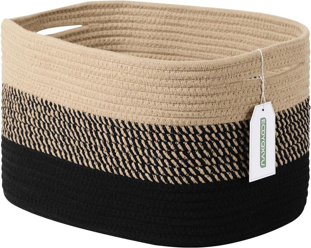 Cotton Rope Storage Basket, 15x10x9 Inches, Woven Basket for Shelves, Clothes, Toys, Towels, Books, and Laundry, Durable and Stylish, Gradient Black/Brown (1 Pack)