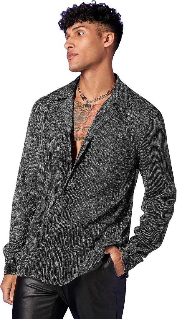 WDIRARA Men's Sheer Mesh See Through Glitter Button Front Long Sleeve Shirt Tops (Medium)