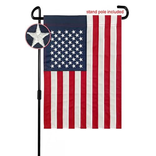Bradford Embroidered American Garden Flag with Stand Holder, 12x18 inch American USA Garden Flag for Outside Yard Heavy Duty