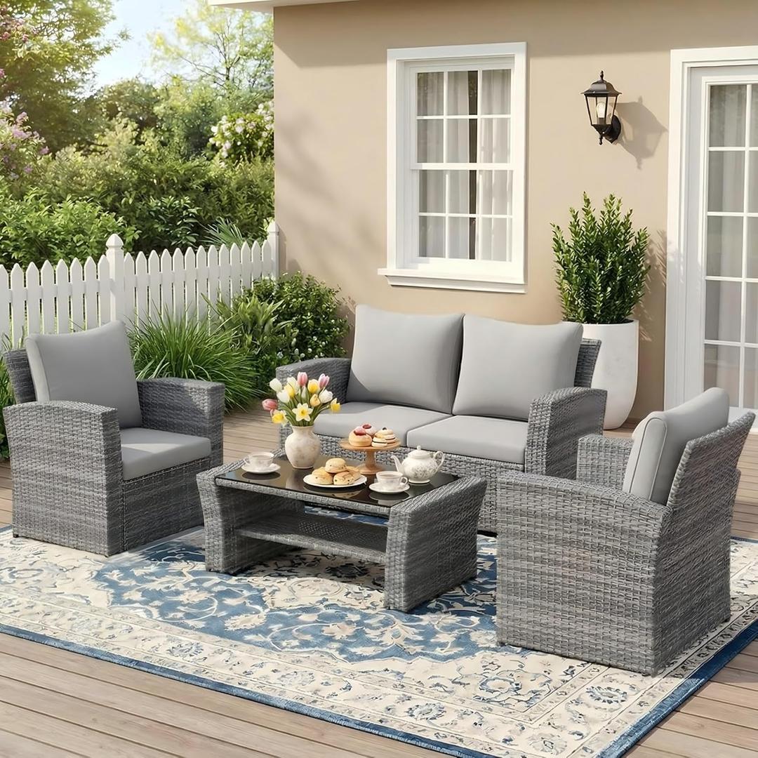 Wisteria Lane 4 Piece Patio Furniture Set, Wicker Outdoor Patio Conversation Furniture Set, All Weather Outdoor Patio Sofa with Cushion and Glass Table, Ash Gray