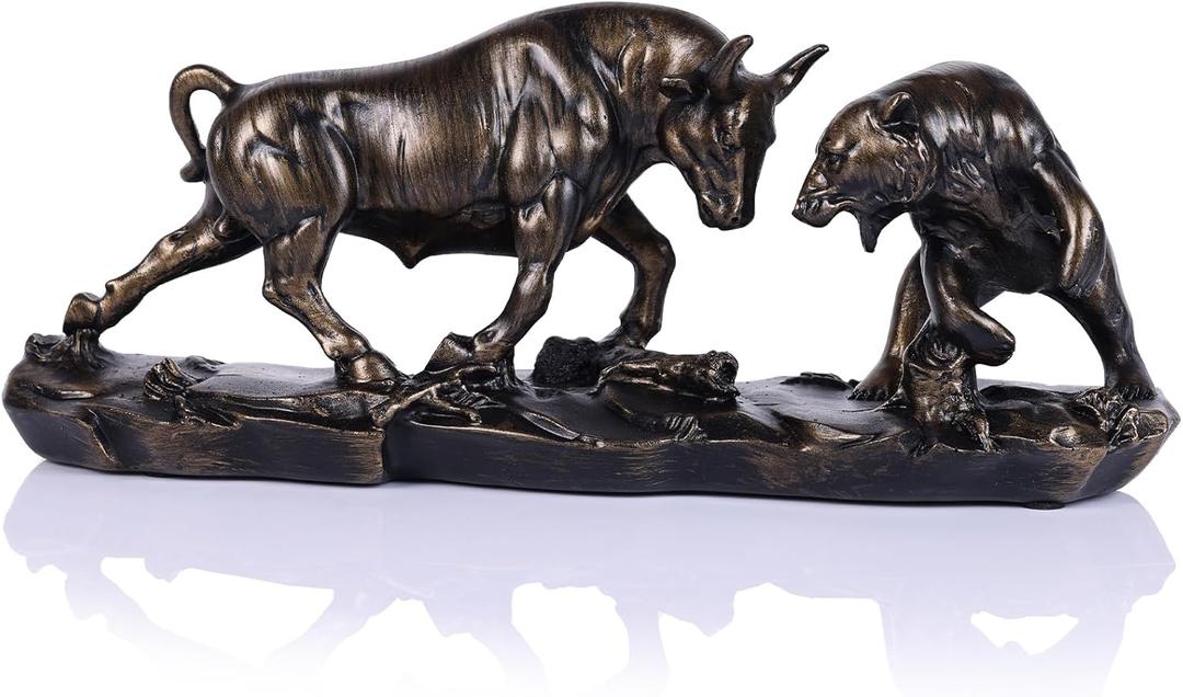 Wall Street Bull Statue, Bull Market and Bear Market Statue, Stock Market Sculpture, for Office, Desktop, Bookshelf, Living Room, Study, Home Decor, Financial Advisor Gift (Brown)
