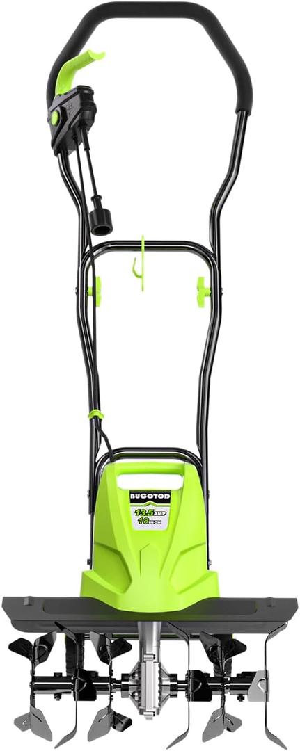 BUCOTOD 18-Inch 13.5 Amp Tiller/Cultivator with 6 Steel Tines, 3-Adjustable Wheels, Foldable Handle, 8'' Tilling Depth Electric Corded Tillers, Electric Garden Rototiller for Garden Lawn Soil Digging