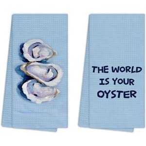 Oyster Coastal Kitchen Towels, Blue Preppy Beach Nautical Hand Towels for Bathroom Decor, The World is Your Oyster Inspirational Dishcloths Dish Towel for Kitchen 16x24 Inches