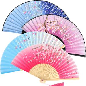 Zonon 4 Pack Handheld Floral Folding Fans Hand Held Silk Bamboo Fans with Tassel Women Hollowed Hand Foldable Fan with Fabric Sleeve for Dancing Wedding Decoration Gifts(Chic) 