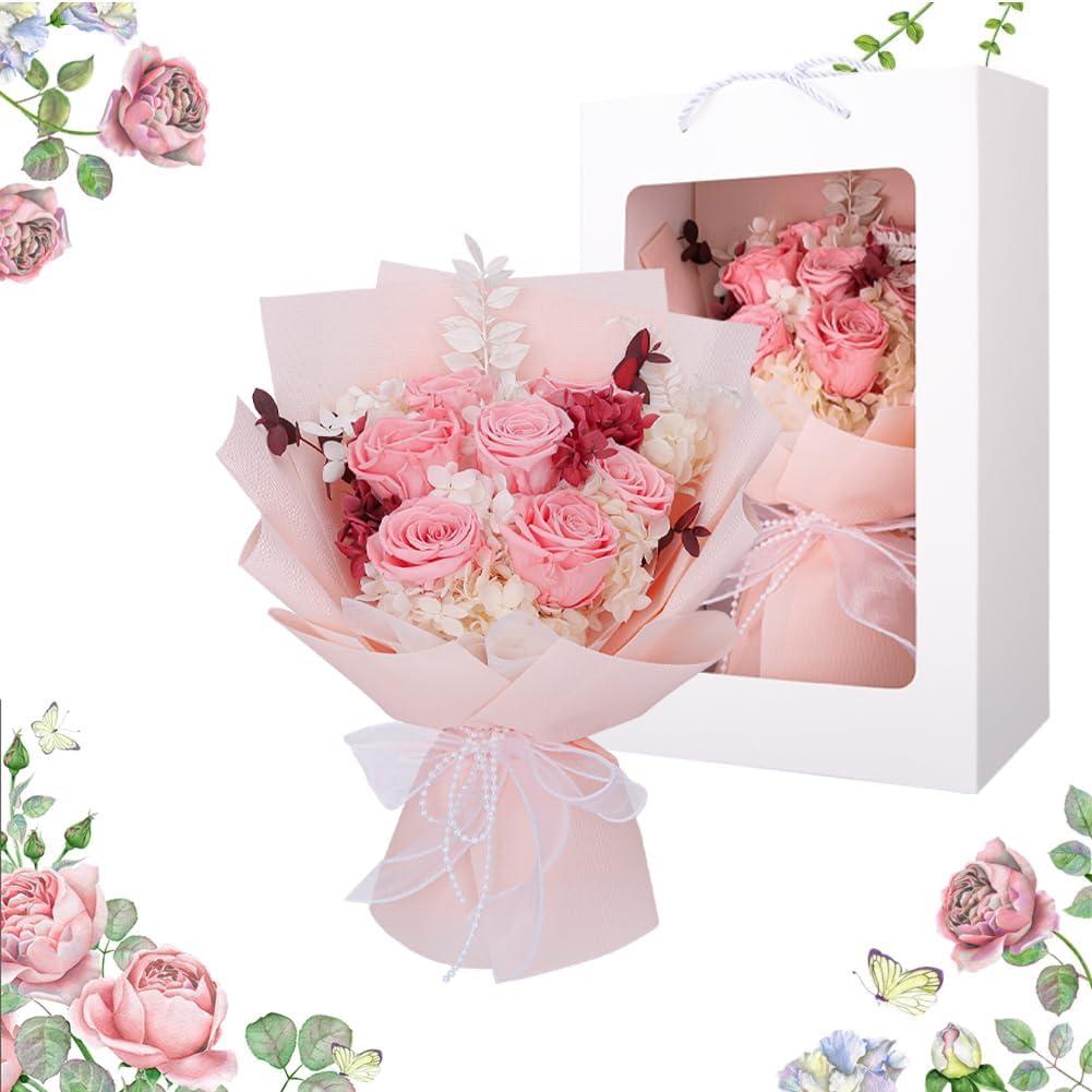 Preserved Flowers Bouquet, Pink Rose Flowers Gift for Valentine's Day, Mother's Day, Anniversary, Birthday (Pink)