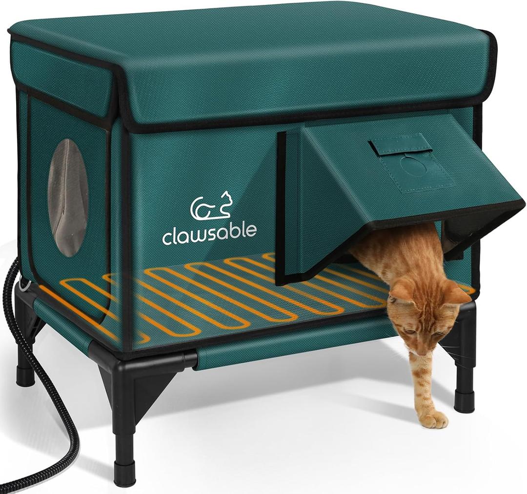 Indestructible Heated Cat House for Outside Winter, 100% Waterproof, Safe Escape Door, Insulated Outdoor Cat Shelter with Heater for Feral Barn Cat Kitty (Forest Green, 12"x16"x18")