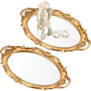 Reallnaive 2 Pcs Vintage Mirror Tray 15.3 x 9.45 Inch Decorative Antique Framed Mirror for Makeup Perfume Jewelry Organizer Serving Tray(Gold,Ornate)