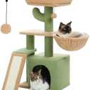 PETEPELA Cactus Cat Tree for Indoor Cats, 32'' Small Cat Tower Cat Condo with Sisal Scratching Ramp, Cozy Hammock and Removable Top Bed Perch for Kittens, Green
