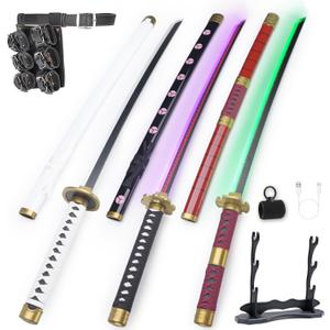RENGENG Light Up Sword, 40 Inches Rechargeable Pre-Assembled Plastic Replica Anime Sword with Belt & Stand & Spinner (3 Piece-kitetsu+shusui+wado)