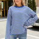 ZTMZA Womens Oversized Striped Long Sleeve Shirt Crewneck Sweatshirt Color Block Loose Pullover Top Teen Girl Y2K Clothes Blue Stripe Medium (Blue, M)